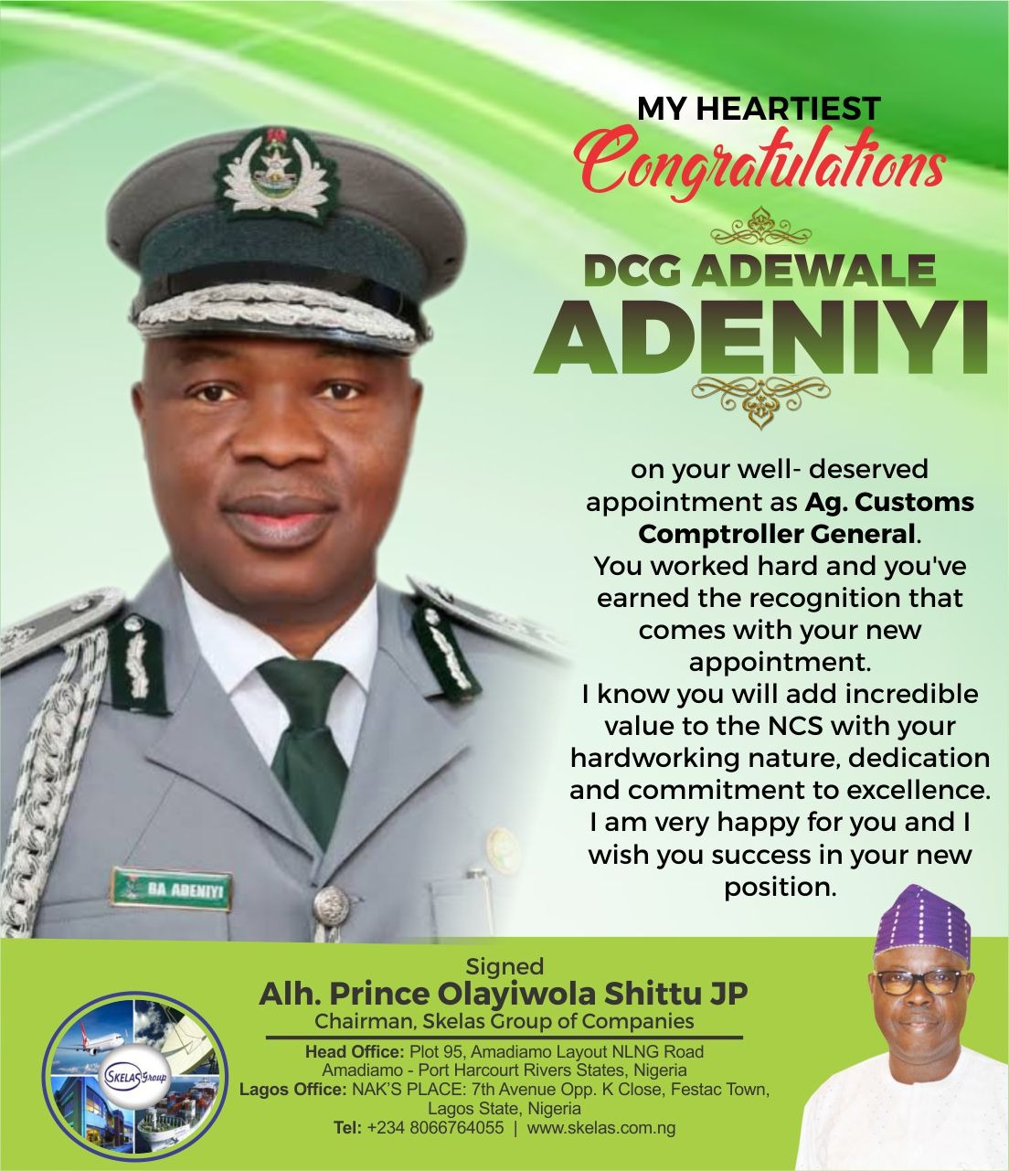 Ex-ANLCA President Shittu, congratulates, new Customs CG, Wale Adeniyi
