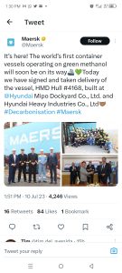 Maersk takes delivery of world's first methanol- fuelled container ship