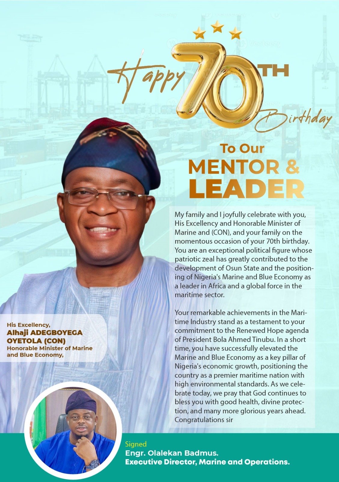 NPA Executive Director, Badmus celebrates Oyetola @ 70