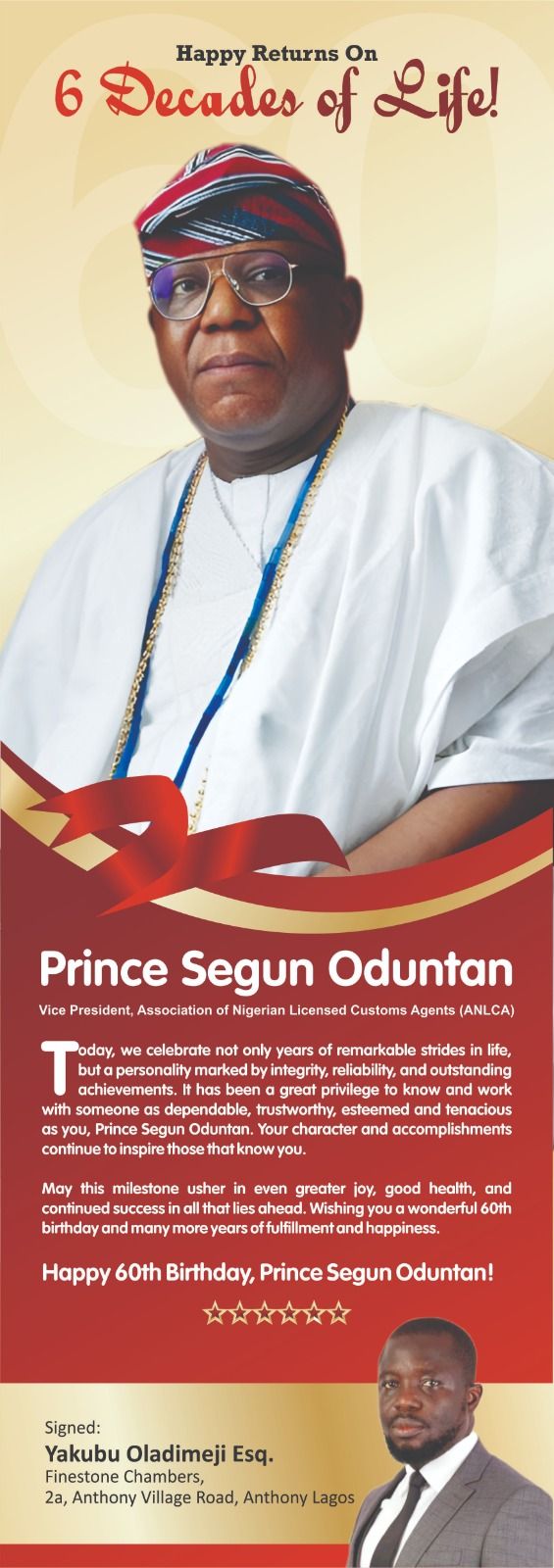Prince Segun Oduntan @ 60: Celebrating a distinguished Customs broker & trailblazer in Nigeria's freight forwarding industry