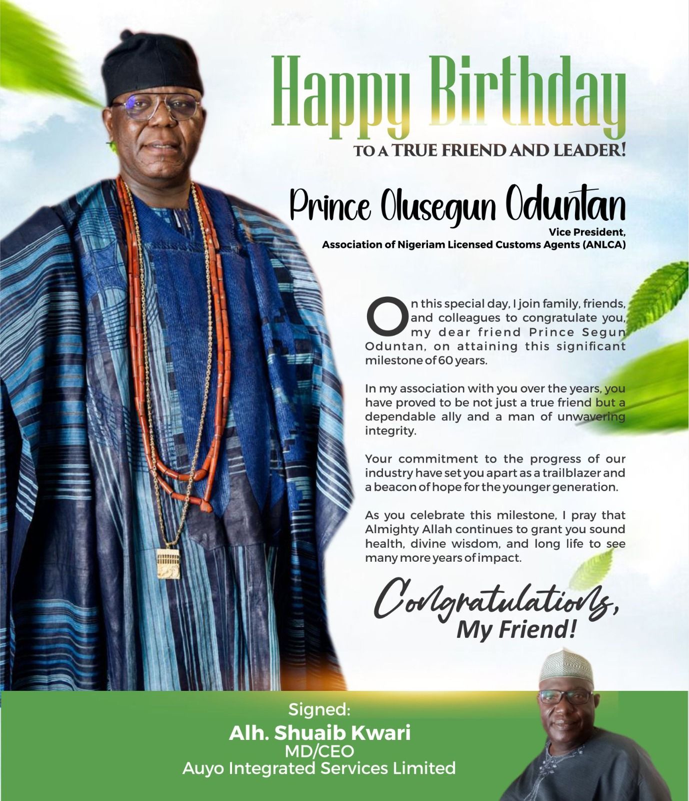 Prince Segun Oduntan @ 60: Celebrating a distinguished Customs broker & trailblazer in Nigeria's freight forwarding industry