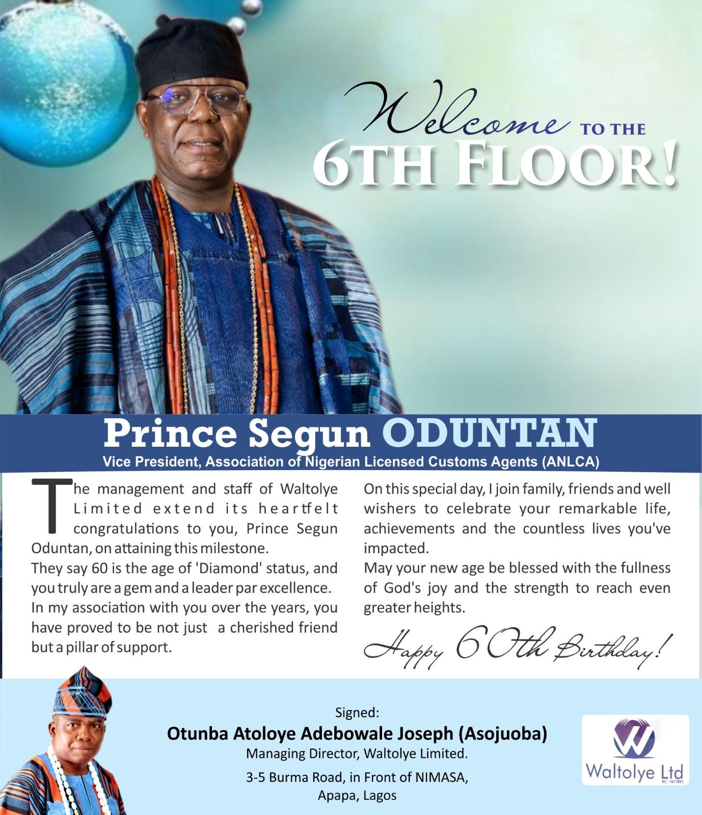 Prince Segun Oduntan @ 60: Celebrating a distinguished Customs broker & trailblazer in Nigeria's freight forwarding industry